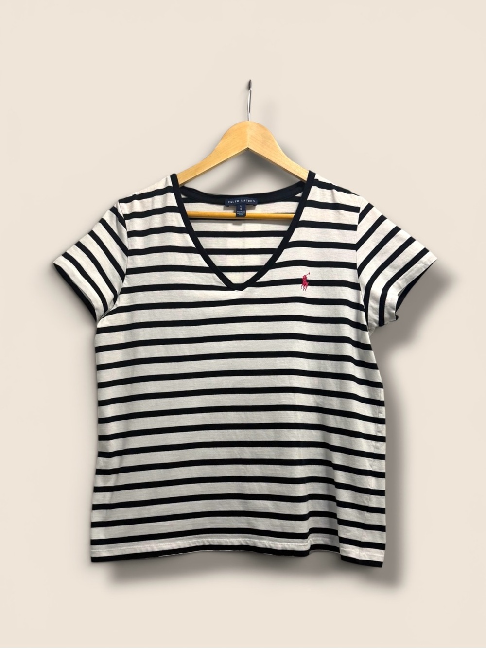 Ralph Lauren Womens L Black White Striped V-Neck T-Shirt Pink Pony Logo - Picture 4 of 12